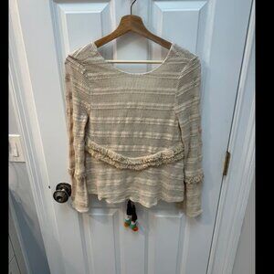 Zara Trafaluc Beige Crochet Striped Knit Fringe Blouse Top Pompom Size M